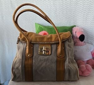 B. Makowsky Tan and Cream Women's Shoulder Bag. 17"W X 11"H X 6"D